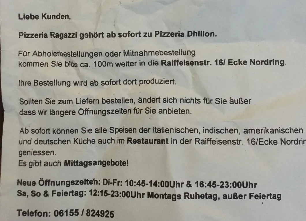 Speisekarte, Pizzeria Ragazzi
