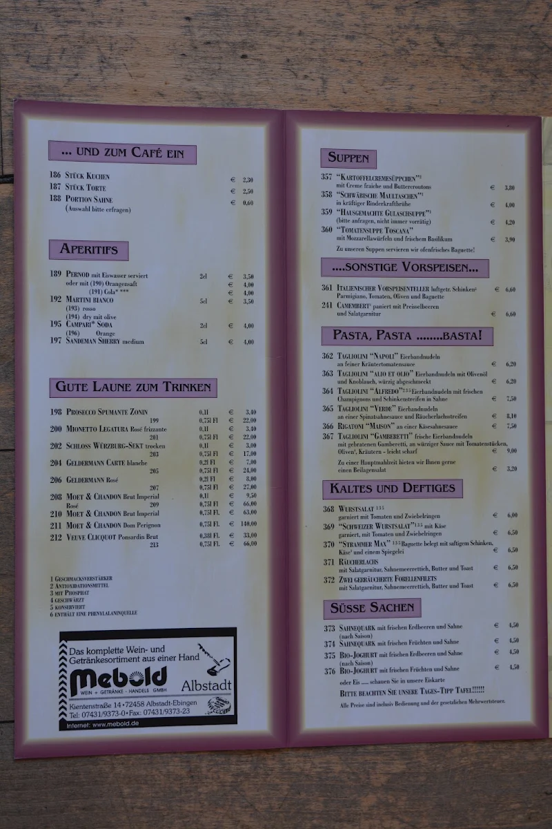 Speisekarte, Cafe Intermezzo
