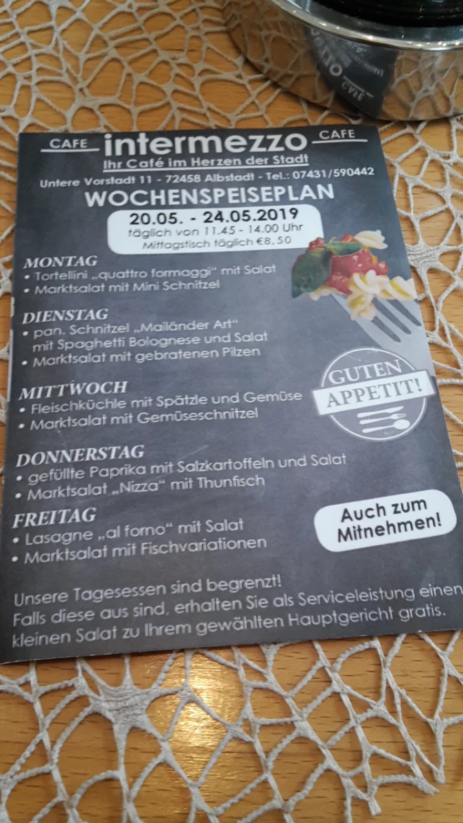 Speisekarte, Cafe Intermezzo