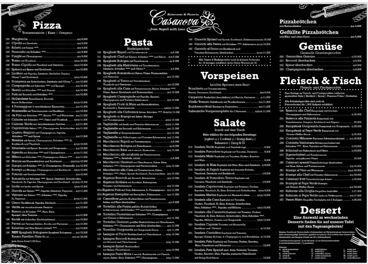 Speisekarte, Pizzeria Ristorante Casanova