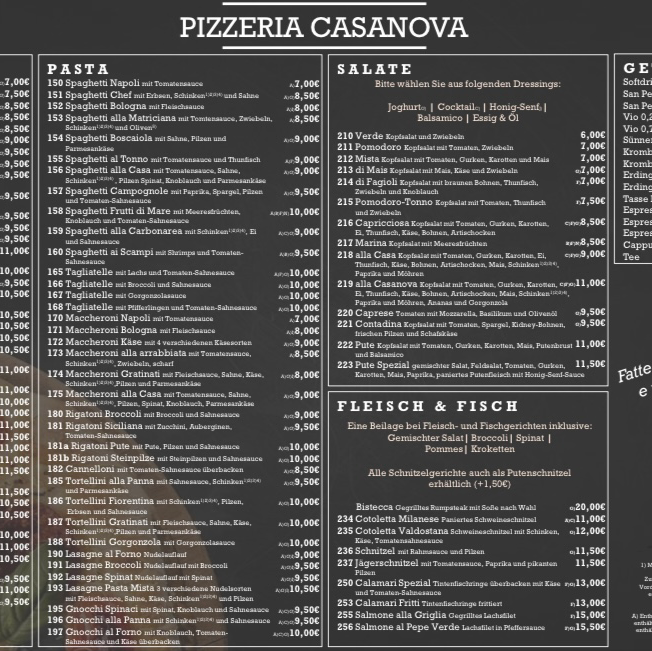 Speisekarte, Pizzeria Ristorante Casanova