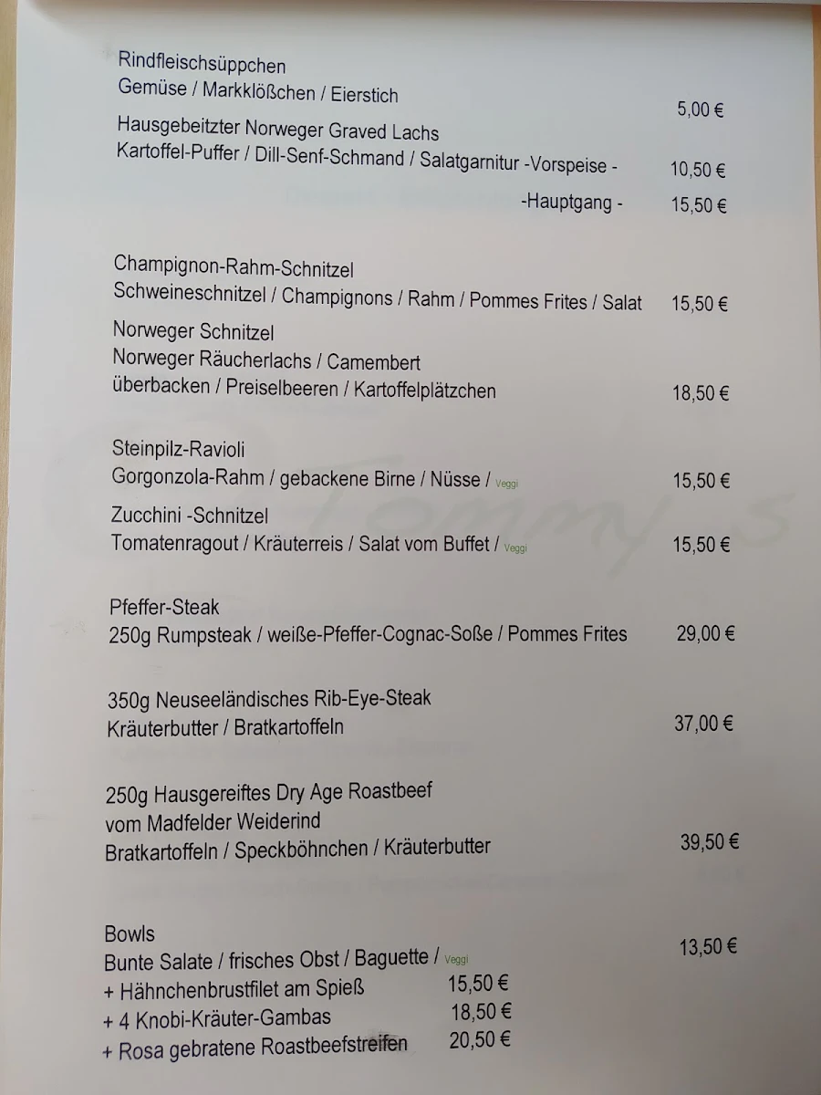 Speisekarte, Tommy's Restaurant & Bierstube im Kolpinghaus Brilon