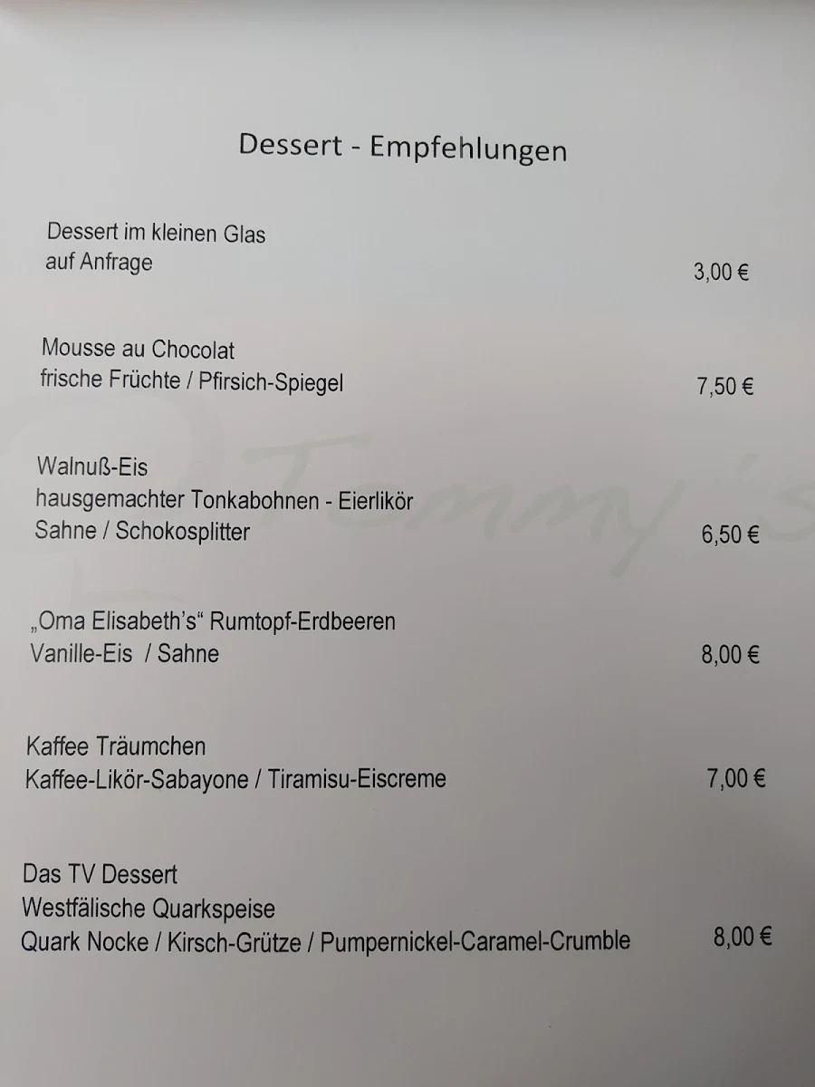 Speisekarte, Tommy's Restaurant & Bierstube im Kolpinghaus Brilon