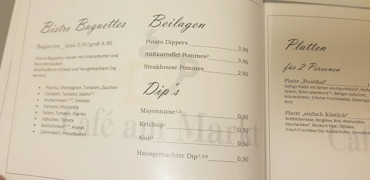 Speisekarte, Café Am Markt