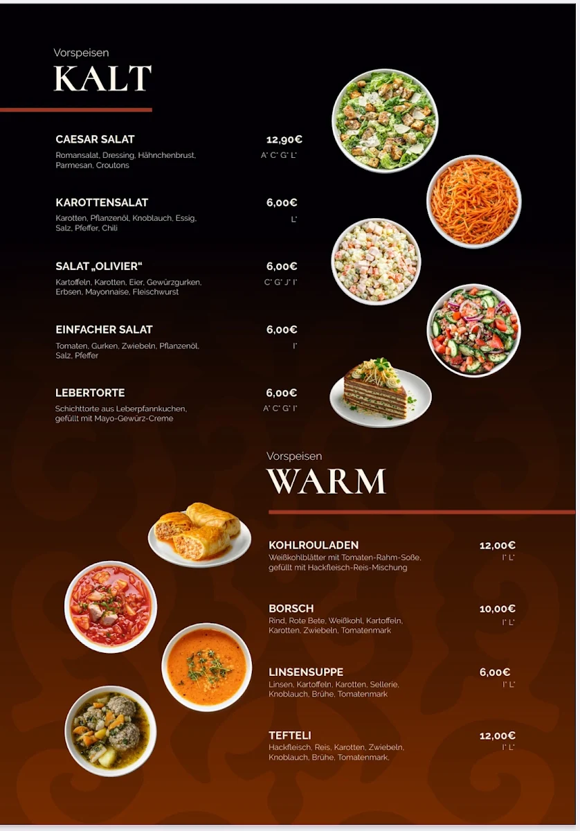 Speisekarte, Unity Taste Restaurant