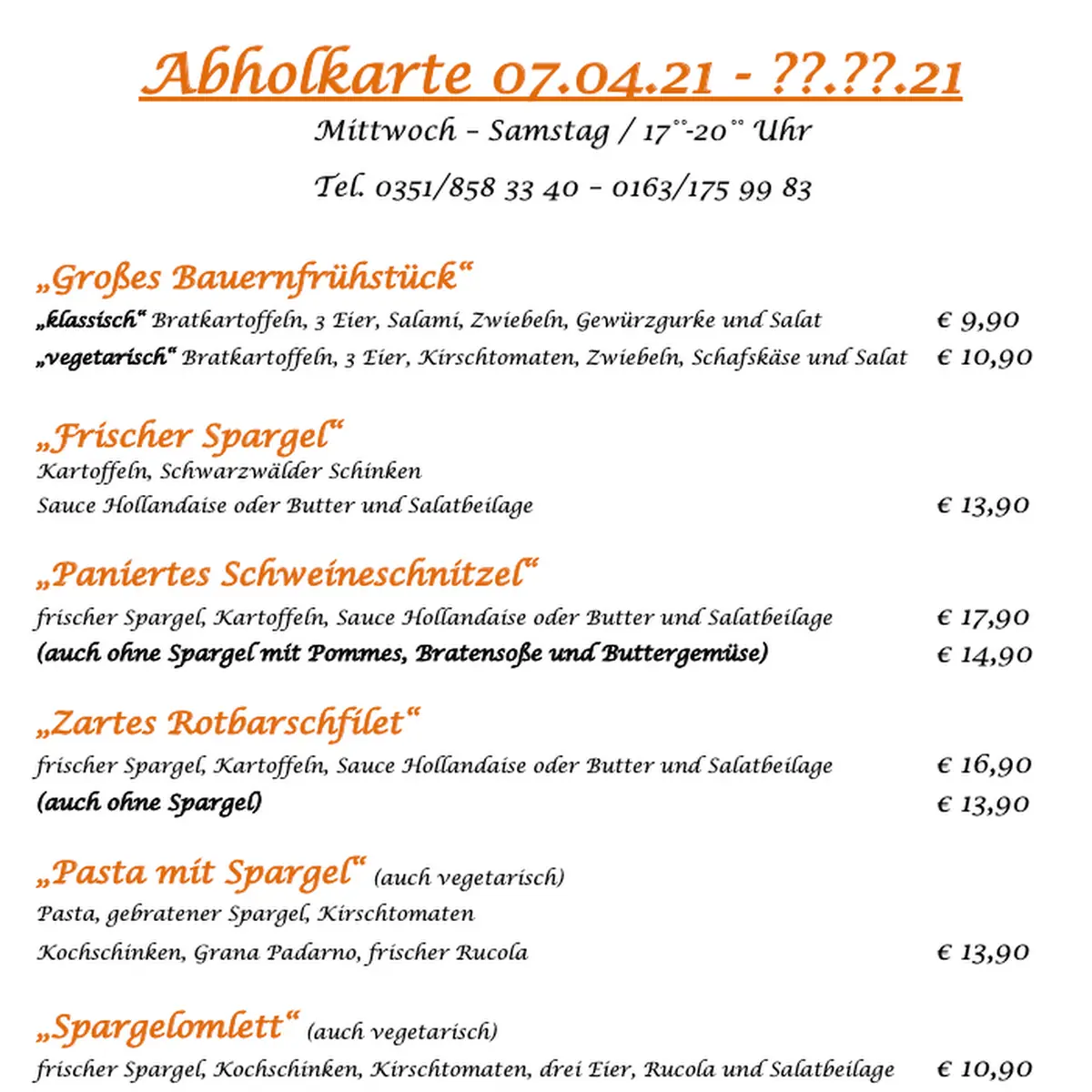 Speisekarte, Restaurant Weinbergbaude