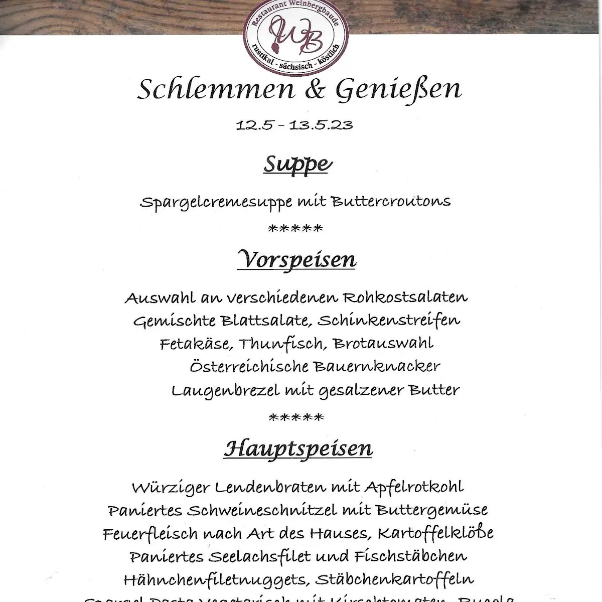 Speisekarte, Restaurant Weinbergbaude