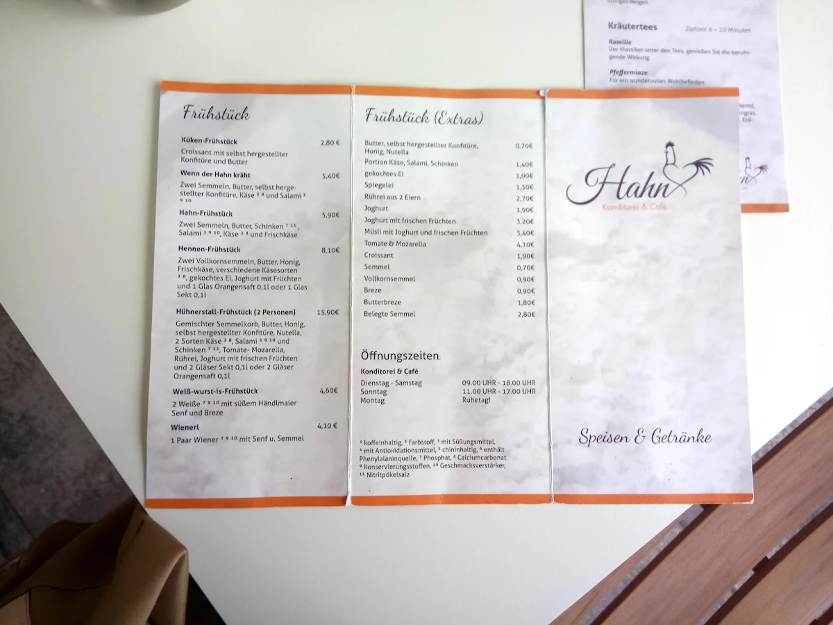 Speisekarte, Konditorei Cafe Hahn