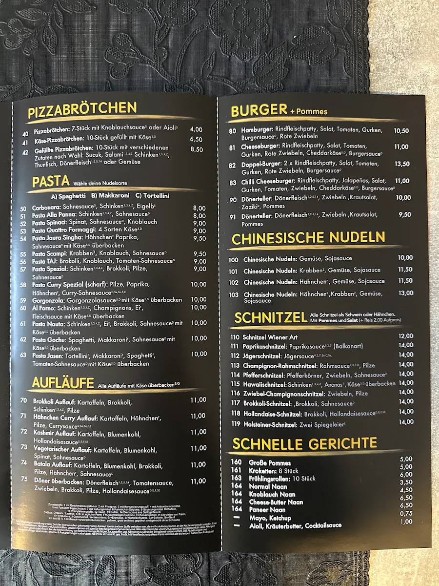 Speisekarte, Restaurant Taj
