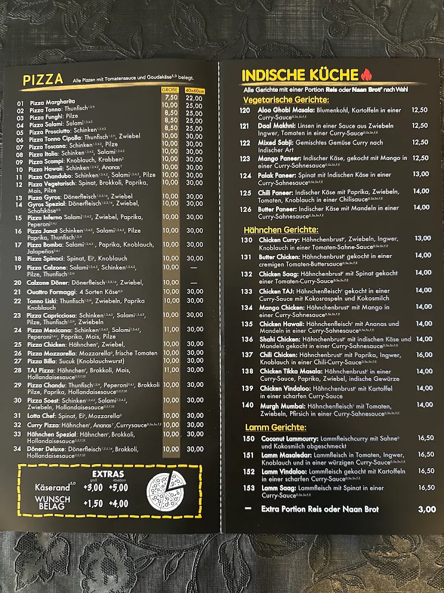 Speisekarte, Restaurant Taj
