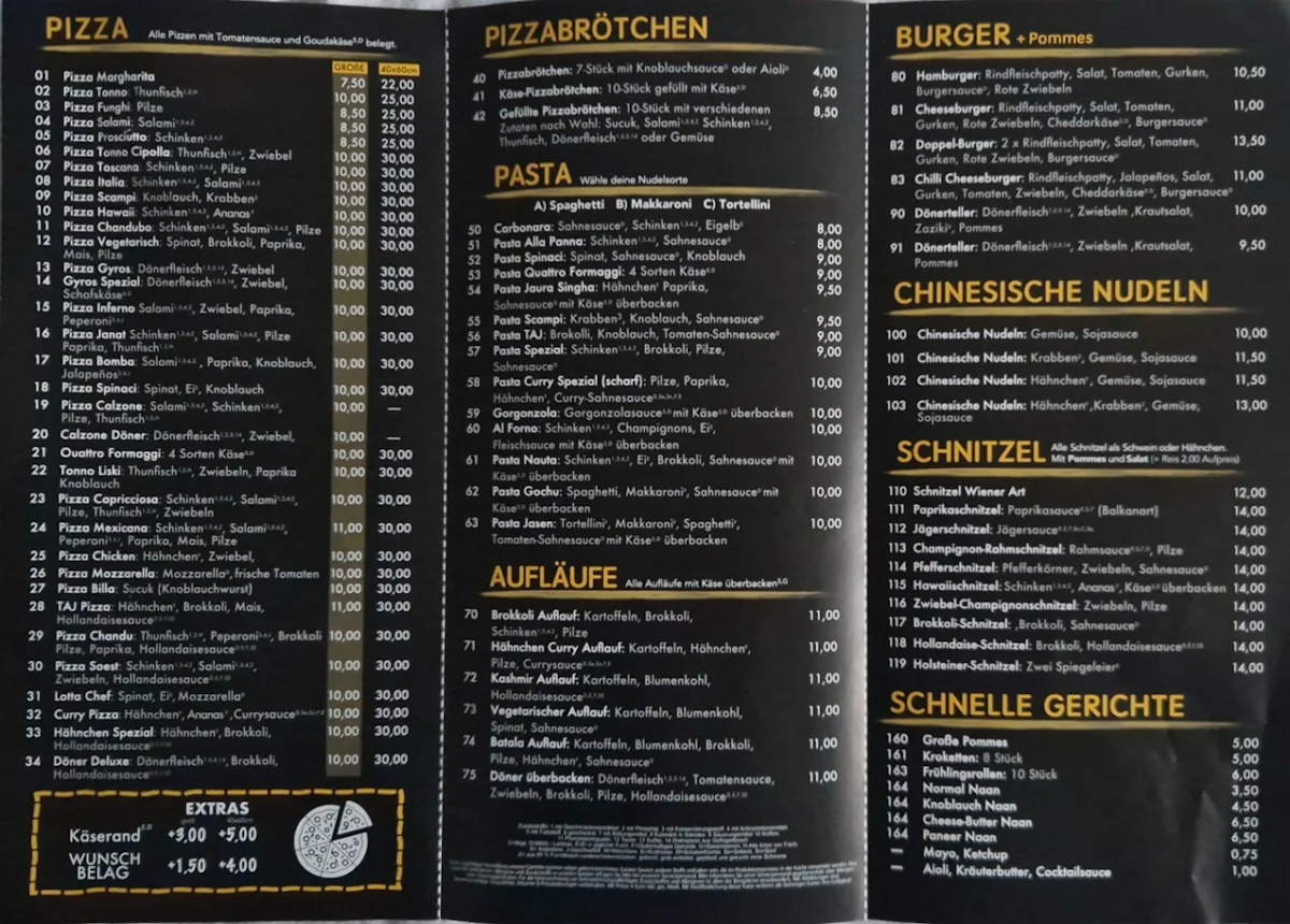 Speisekarte, Restaurant Taj