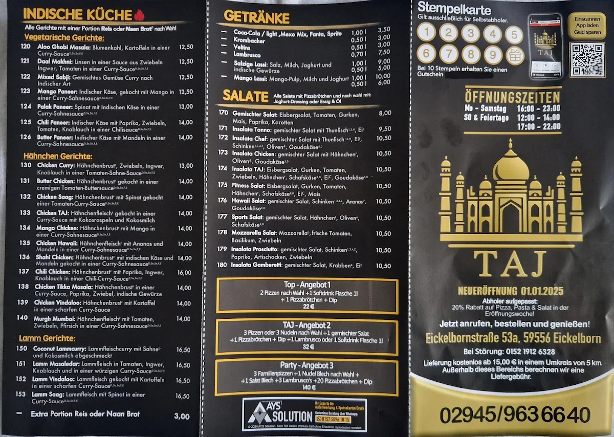Speisekarte, Restaurant Taj