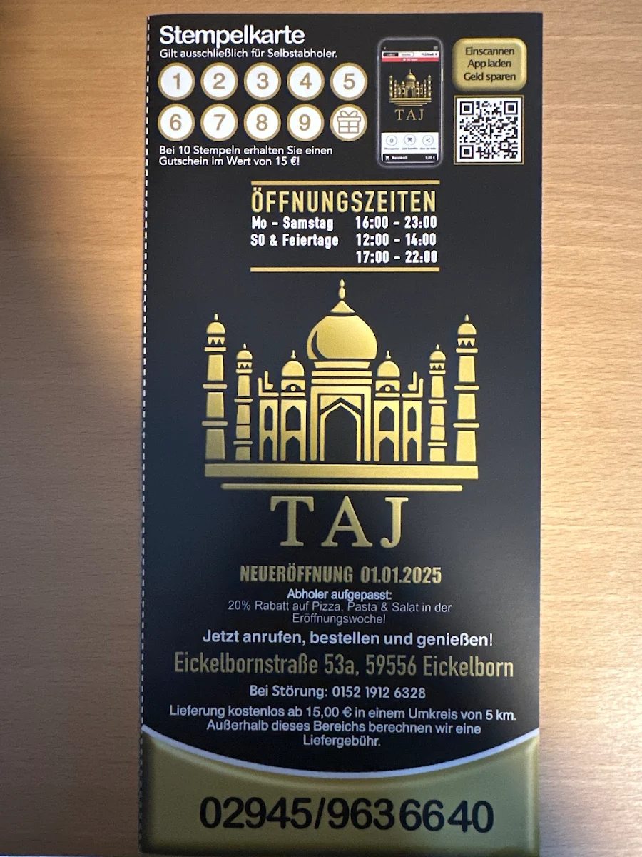 Speisekarte, Restaurant Taj