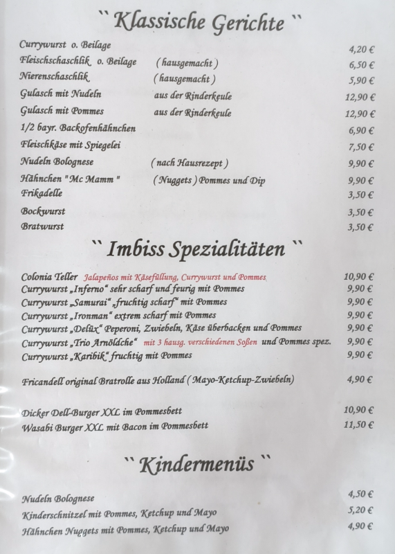 Speisekarte, Wachter's Imbiss