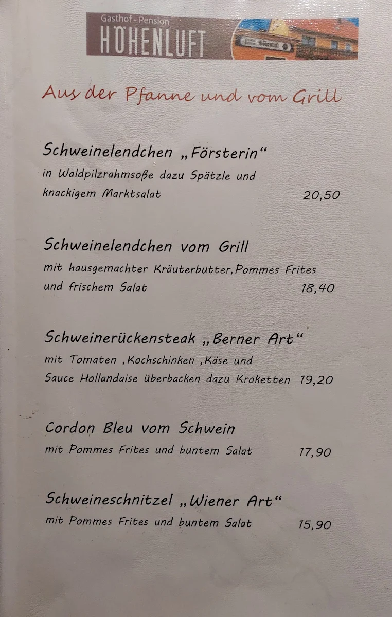 Speisekarte, Gasthof Höhenluft