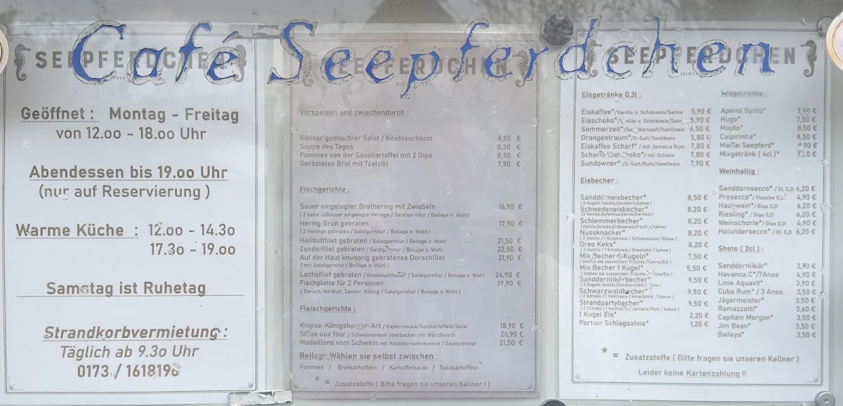 Speisekarte, Cafe Seepferdchen
