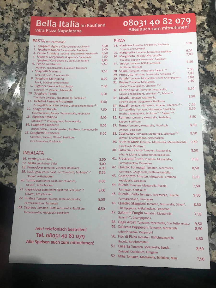 Speisekarte, Bella Italia