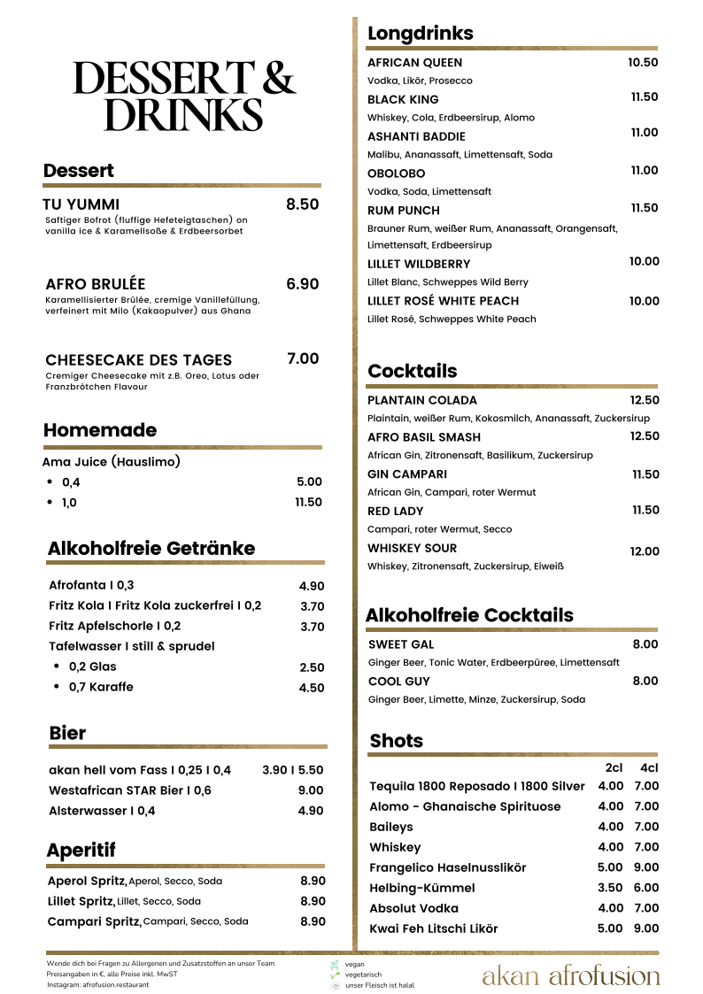 Speisekarte, akan afrofusion Restaurant