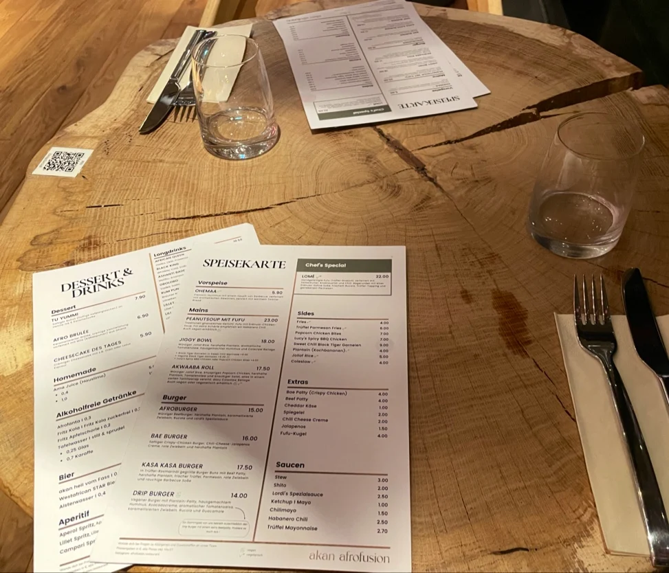 Speisekarte, akan afrofusion Restaurant