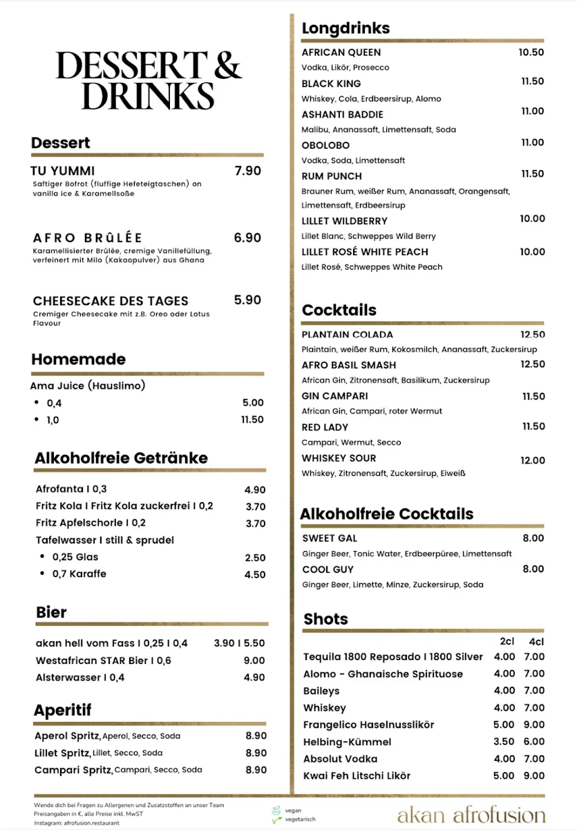Speisekarte, akan afrofusion Restaurant
