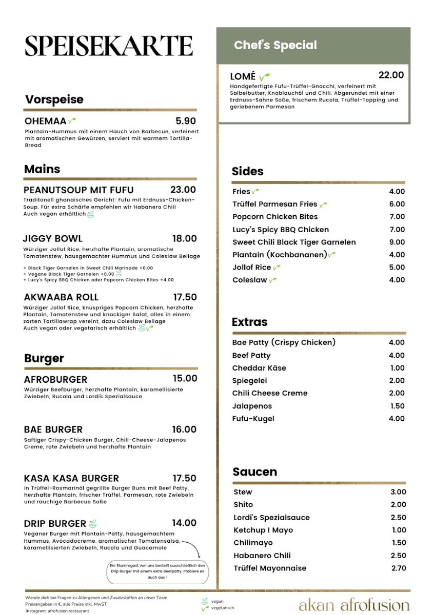 Speisekarte, akan afrofusion Restaurant