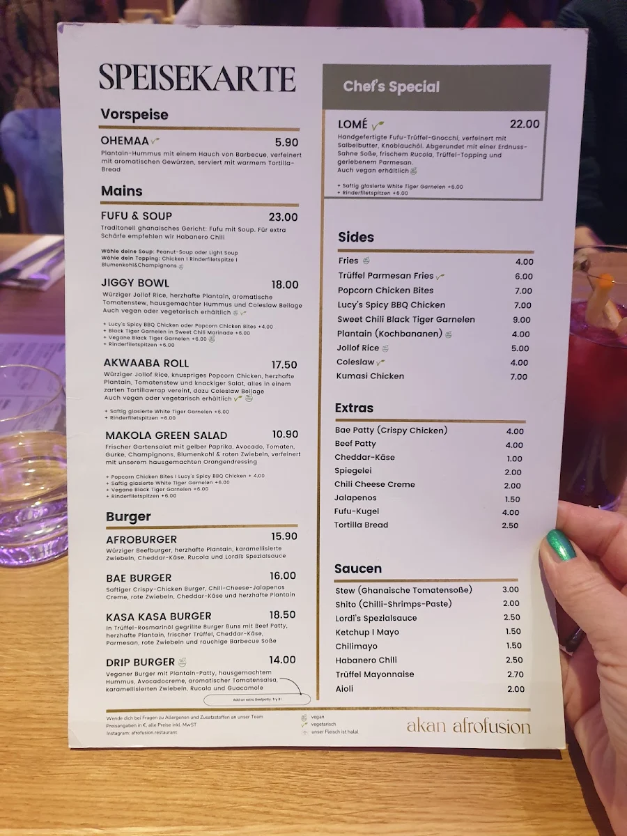 Speisekarte, akan afrofusion Restaurant
