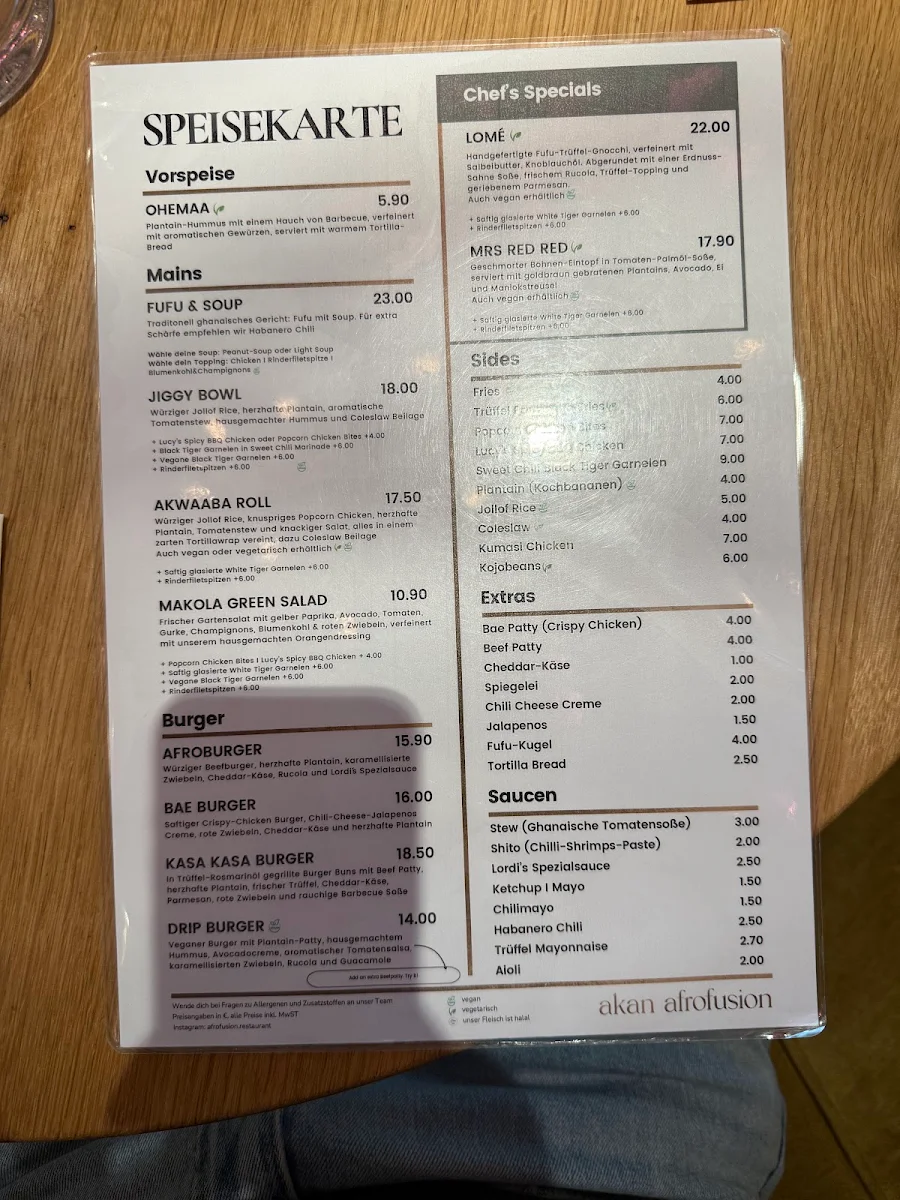 Speisekarte, akan afrofusion Restaurant