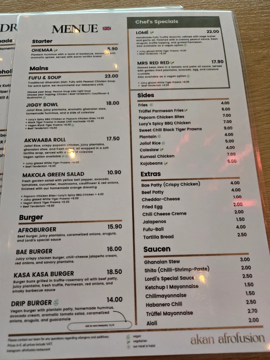 Speisekarte, akan afrofusion Restaurant