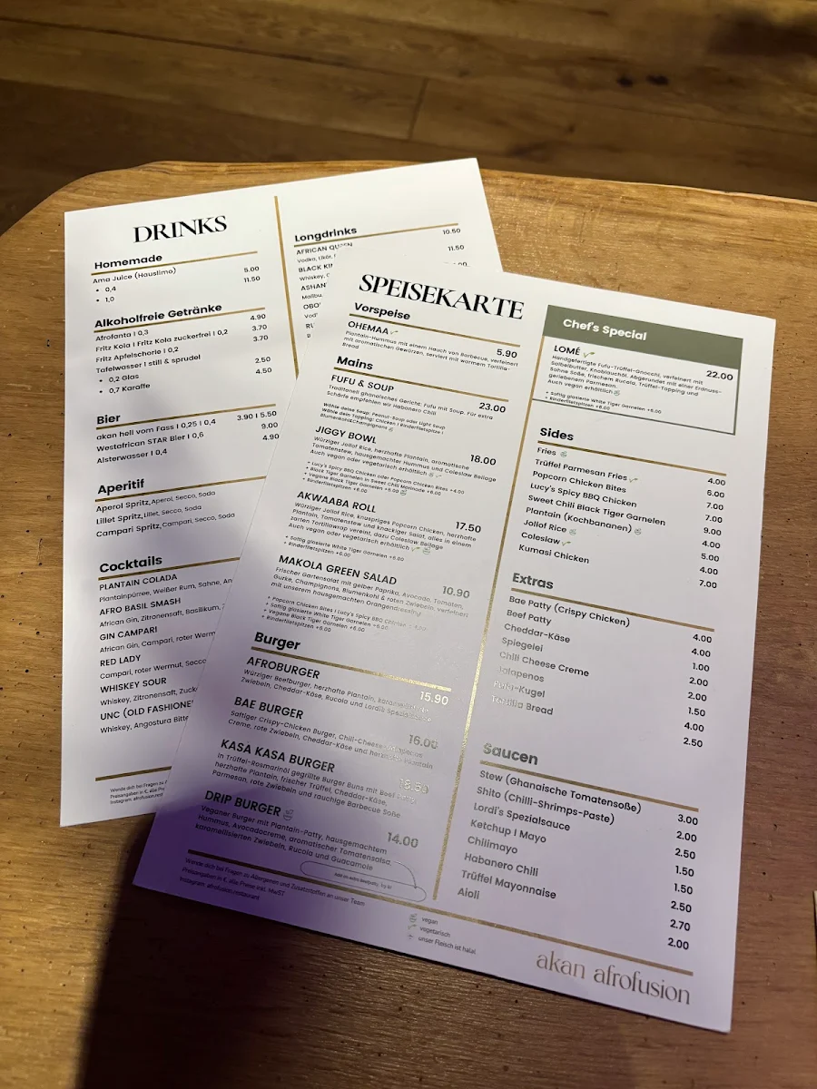 Speisekarte, akan afrofusion Restaurant