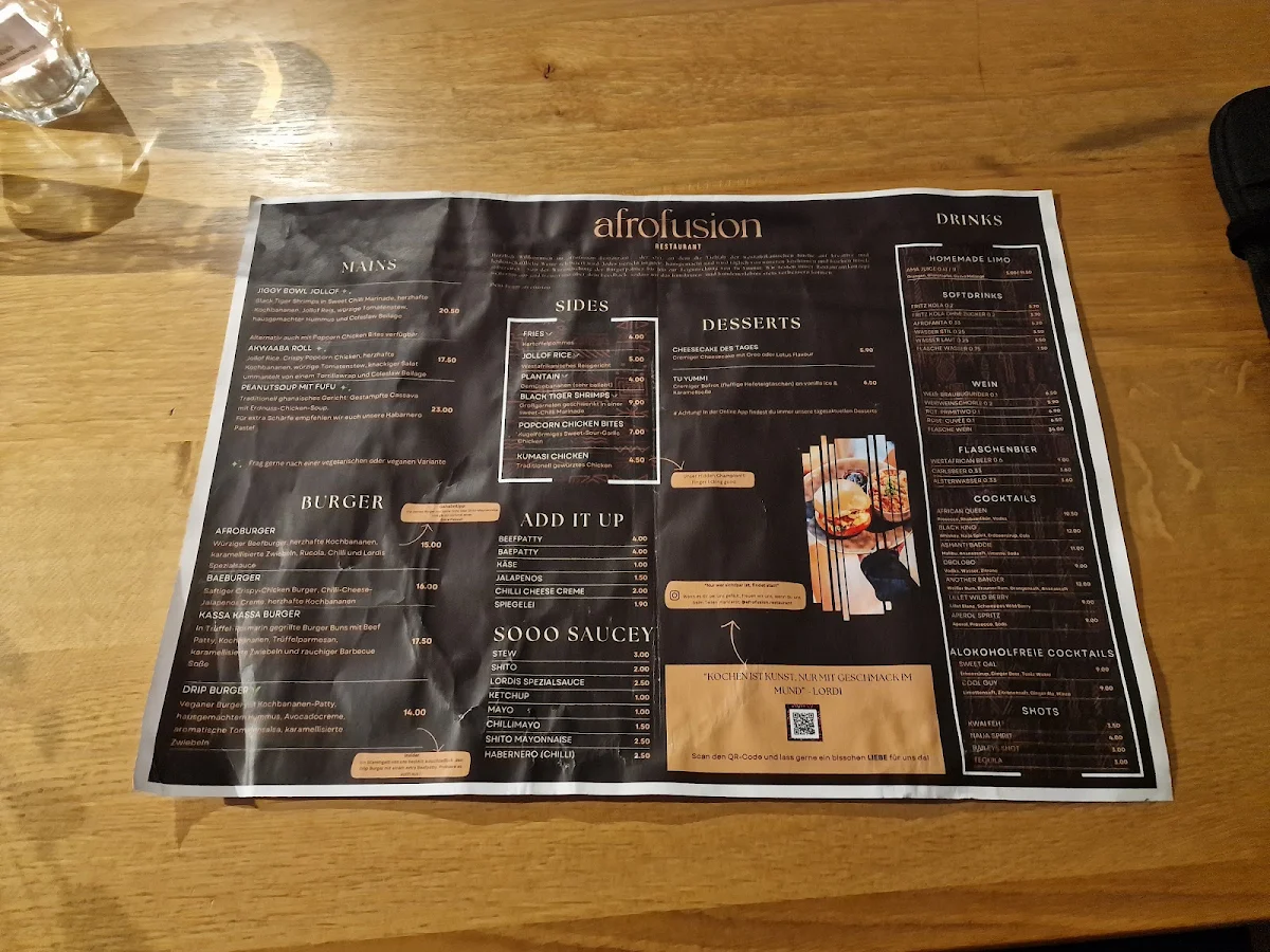 Speisekarte, akan afrofusion Restaurant