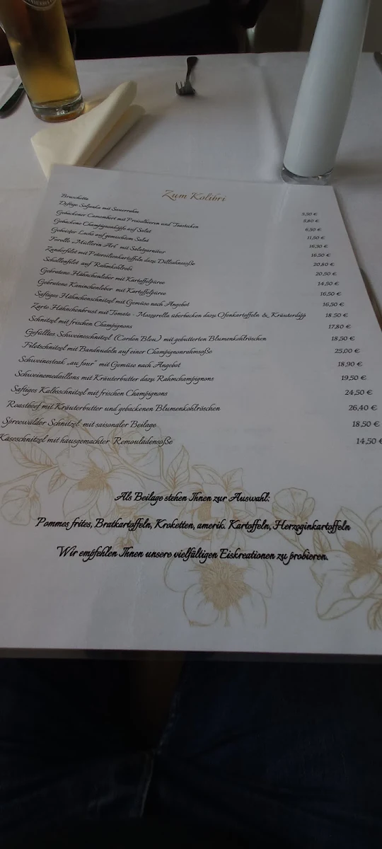 Speisekarte, Zum Kolibri
