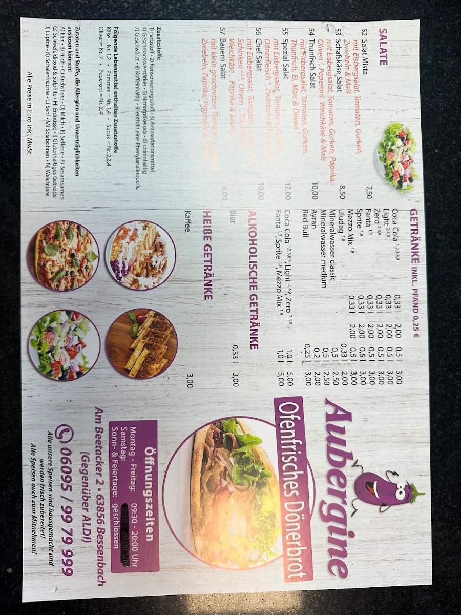 Speisekarte, Aubergine Döner & Pizzeria