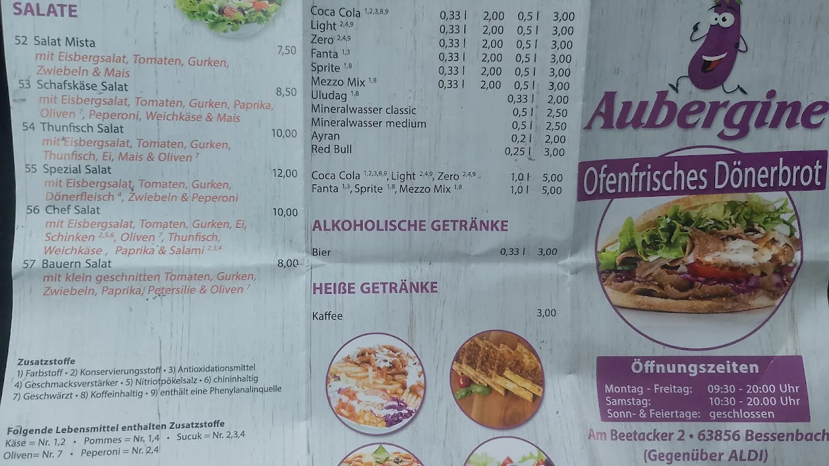 Speisekarte, Aubergine Döner & Pizzeria