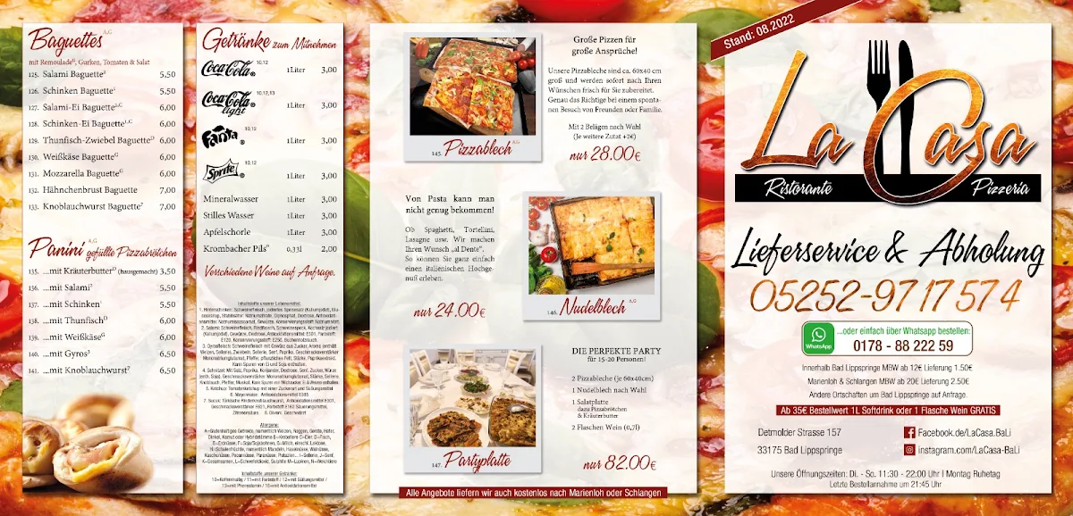 Speisekarte, Ristorante Pizzeria La Casa