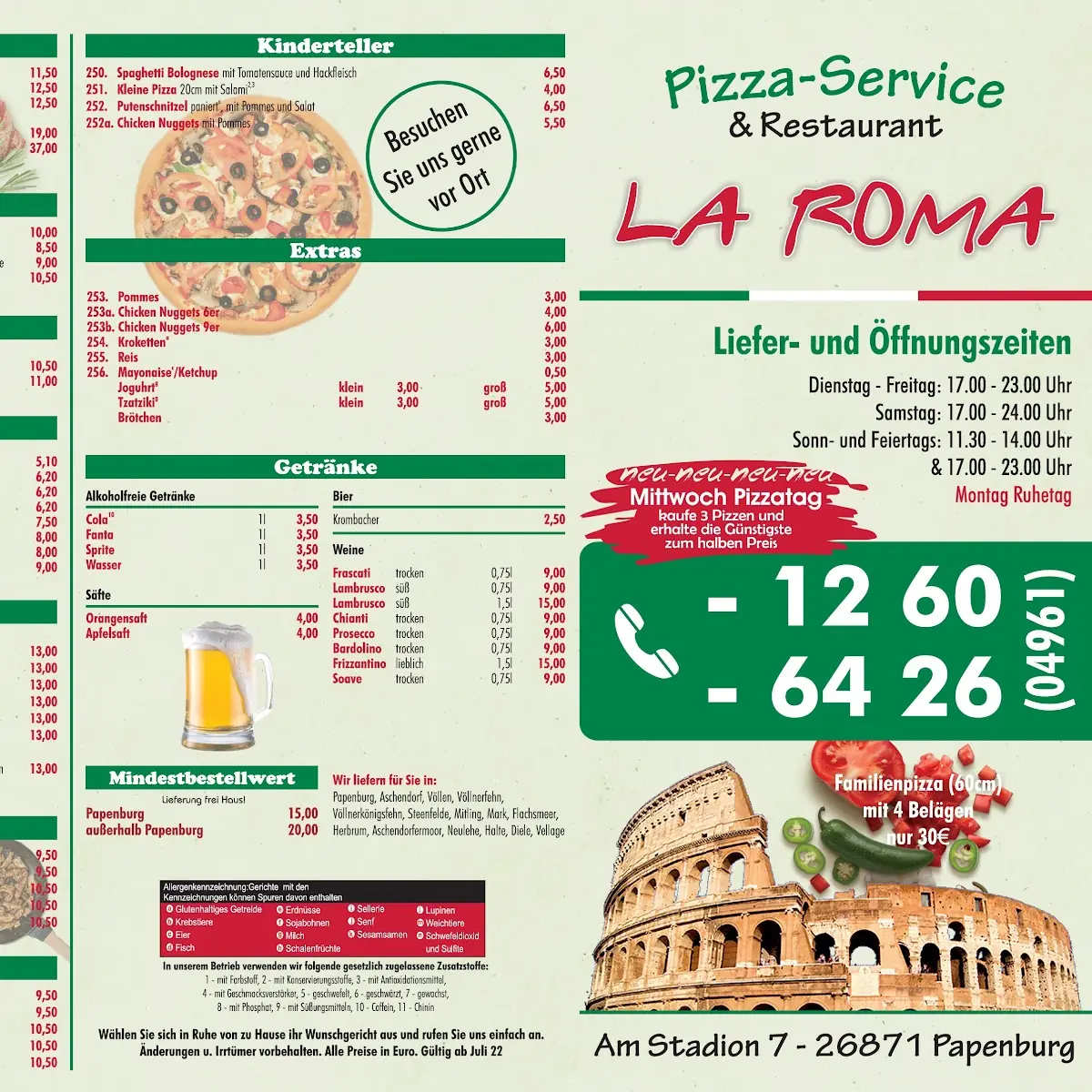Speisekarte, La Roma Pizzeria