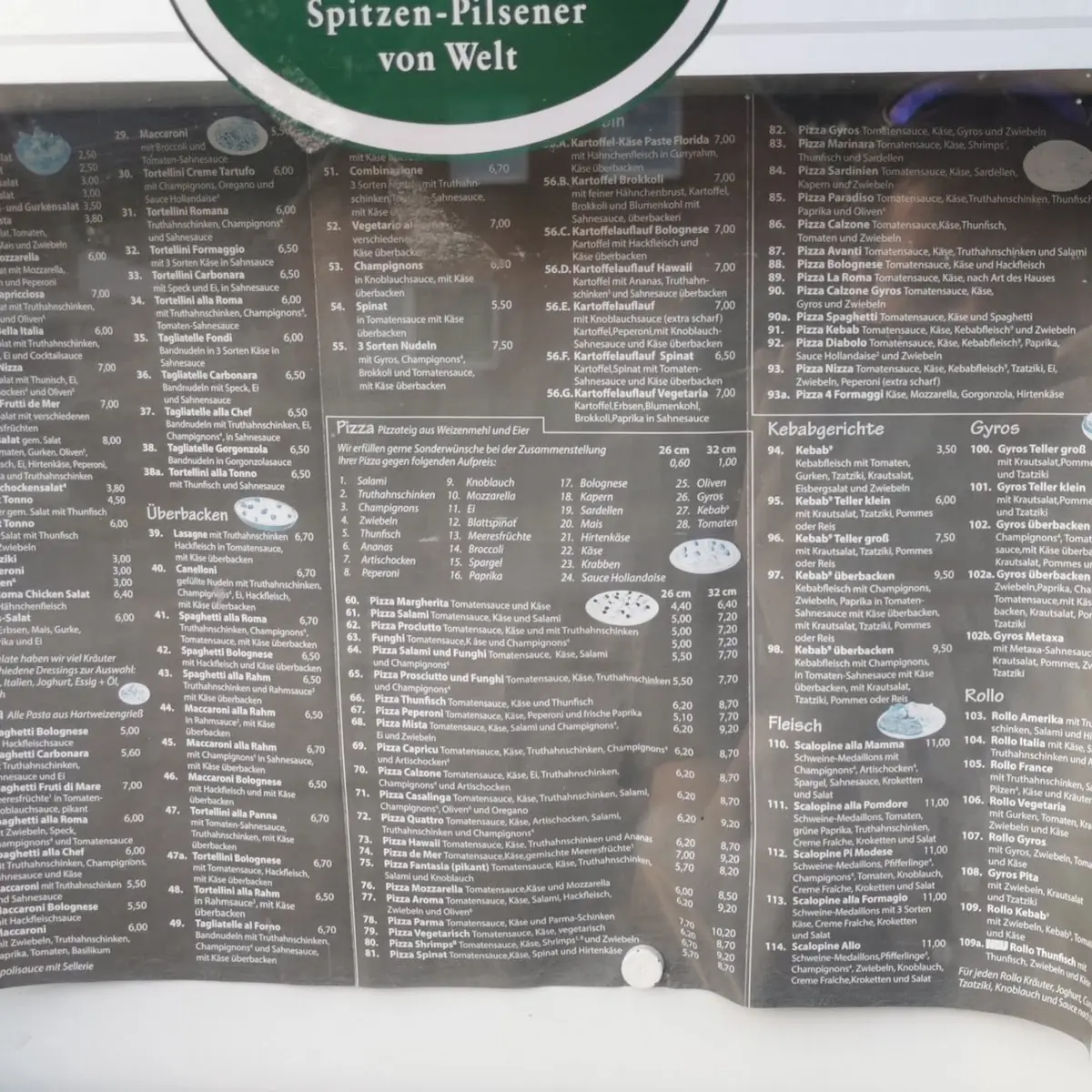 Speisekarte, La Roma Pizzeria
