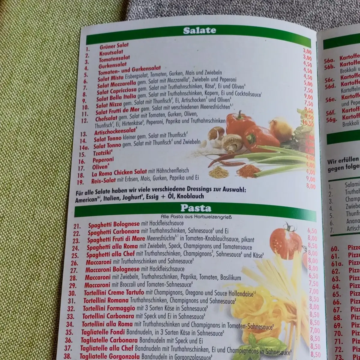 Speisekarte, La Roma Pizzeria