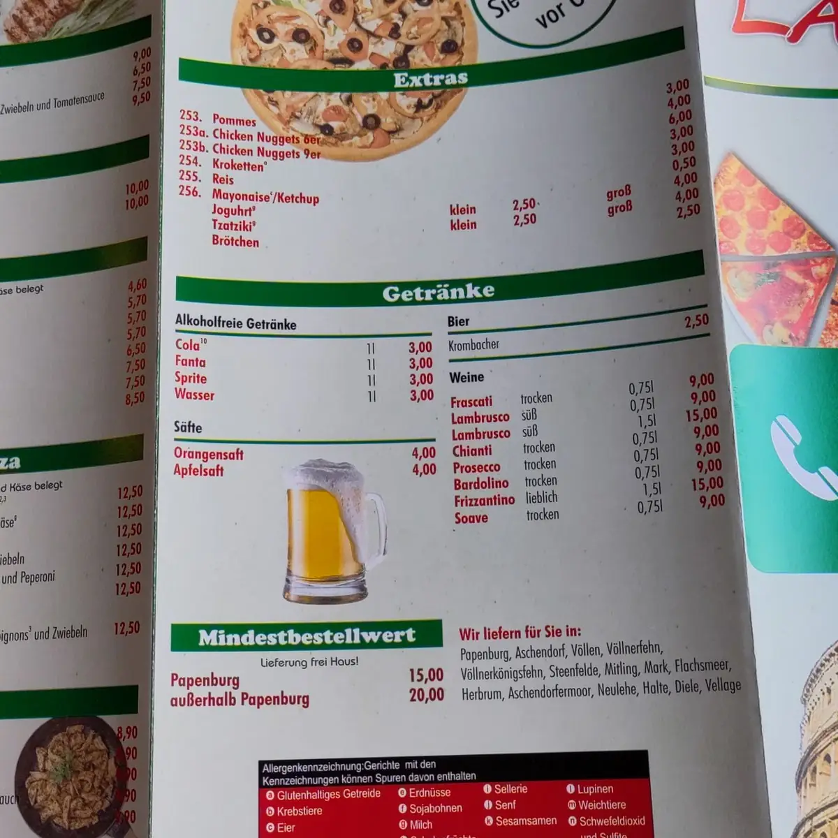 Speisekarte, La Roma Pizzeria