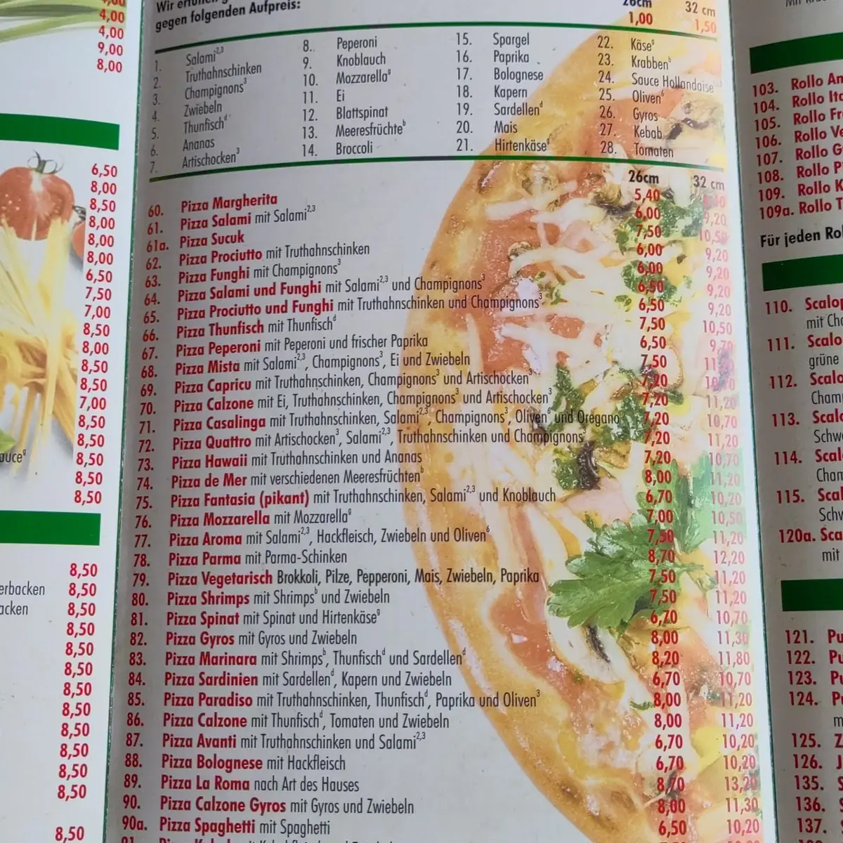 Speisekarte, La Roma Pizzeria