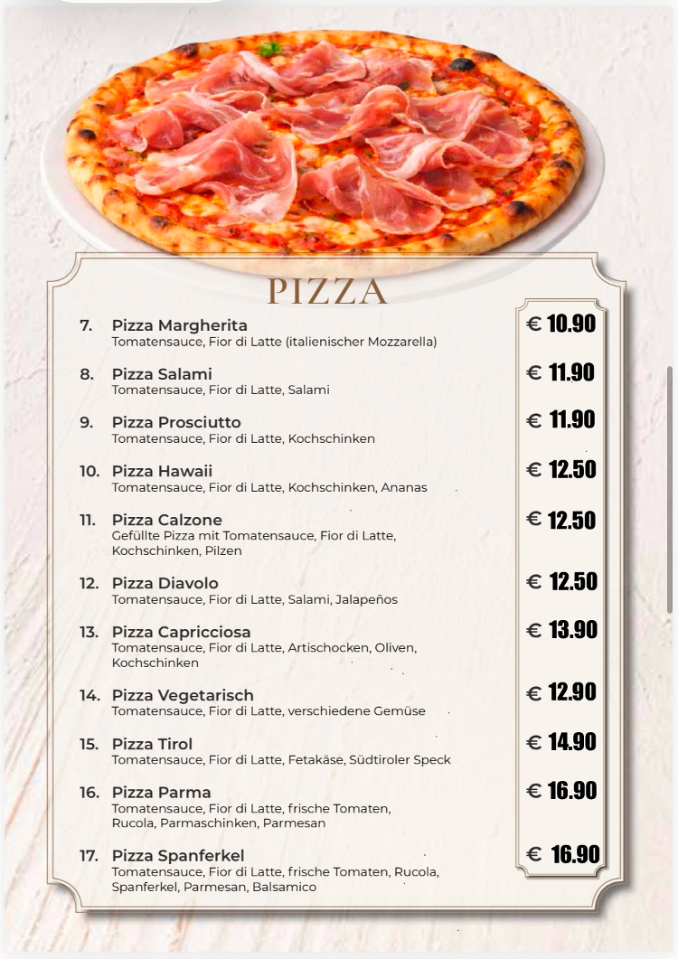 Speisekarte, Pizzeria La Perla