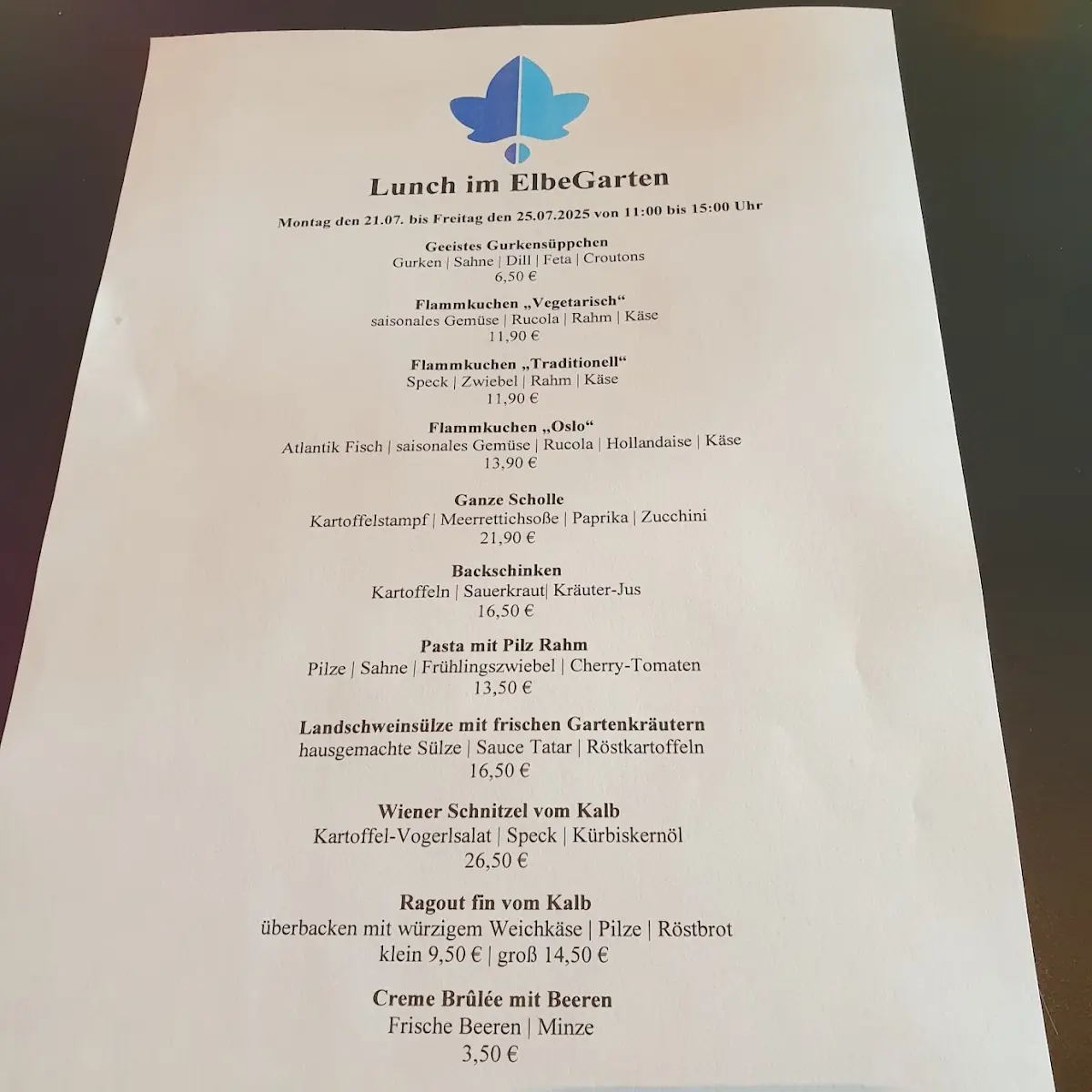 Speisekarte, Restaurant ElbeGarten