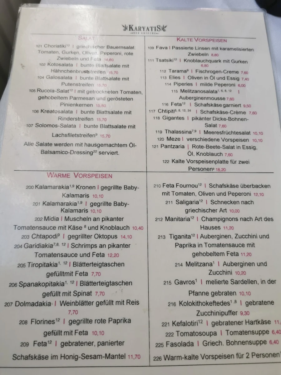 Speisekarte, Restaurant Karyatis