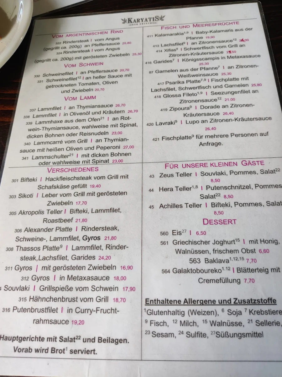Speisekarte, Restaurant Karyatis