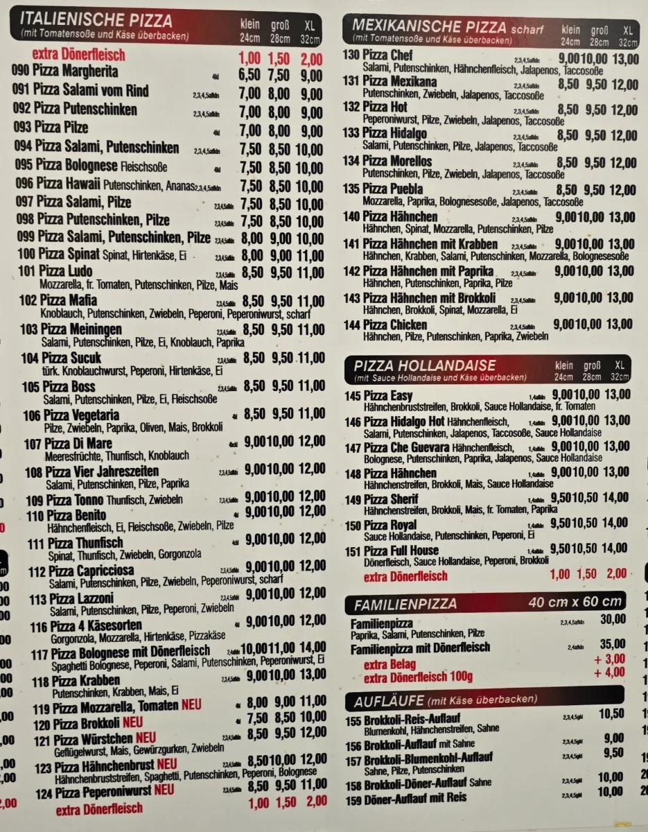 Speisekarte, Pizzeria Boss