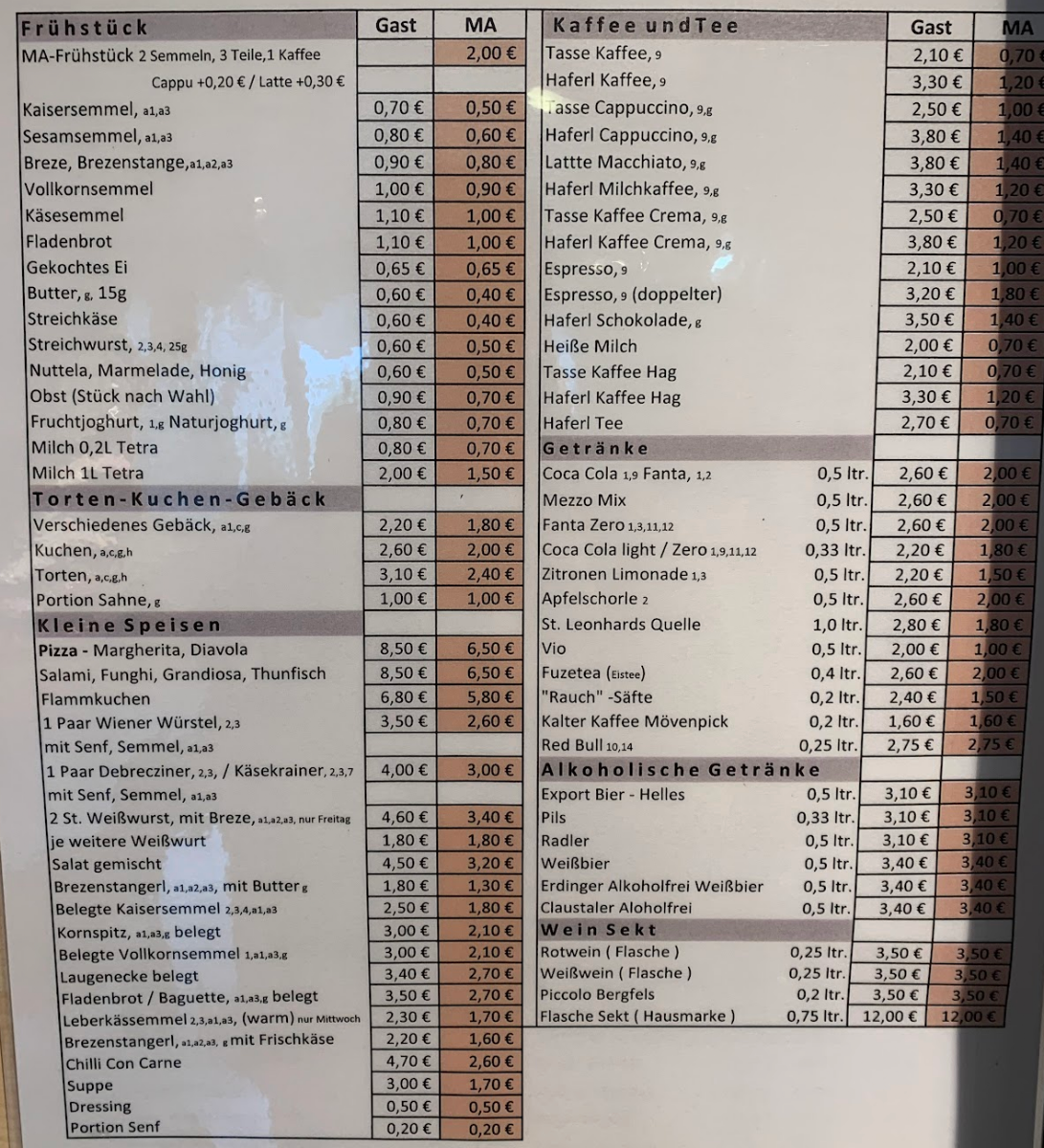 Speisekarte, Cafeteria