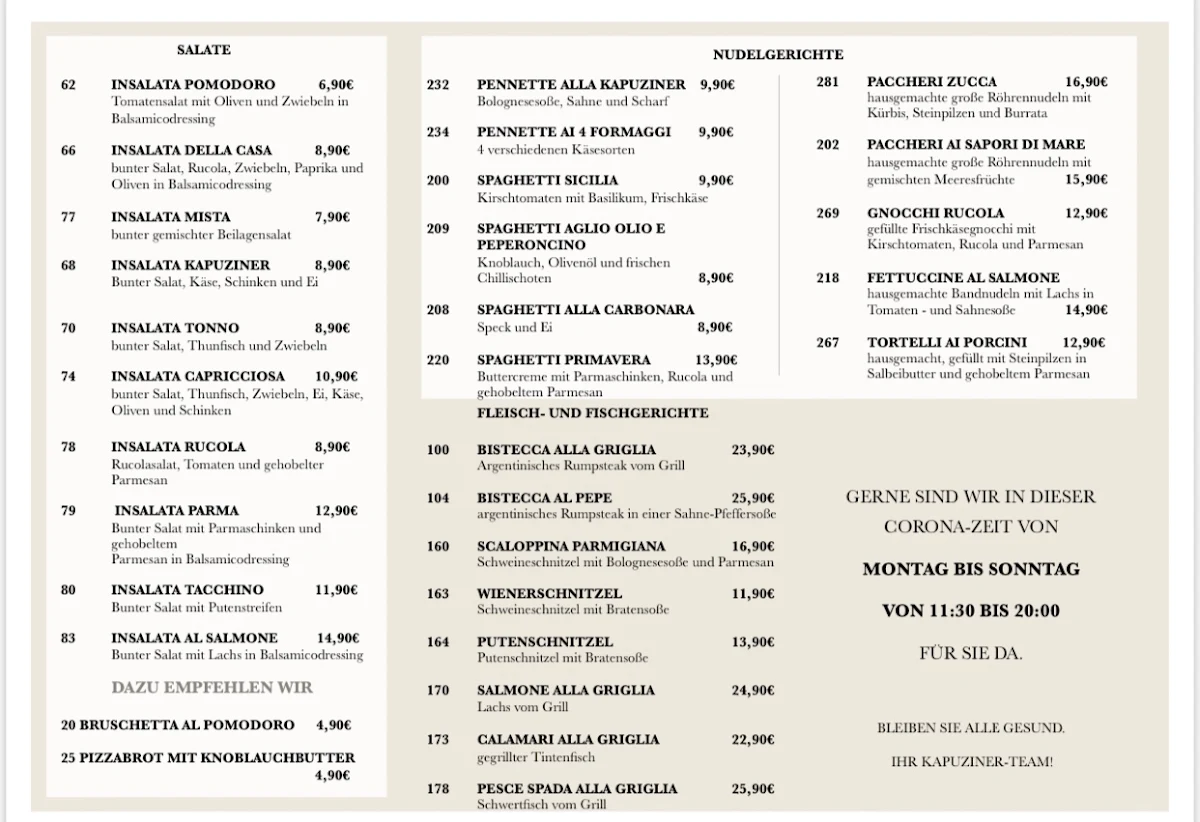 Speisekarte, Kapuzinerhof Ristorante Pizzeria