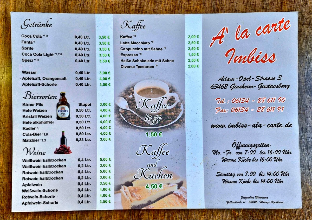 Speisekarte, Imbiss a la Carte