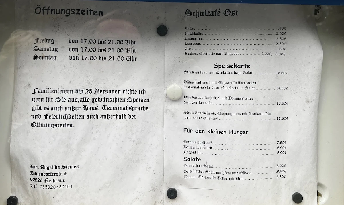 Speisekarte, Schulcafé Ost