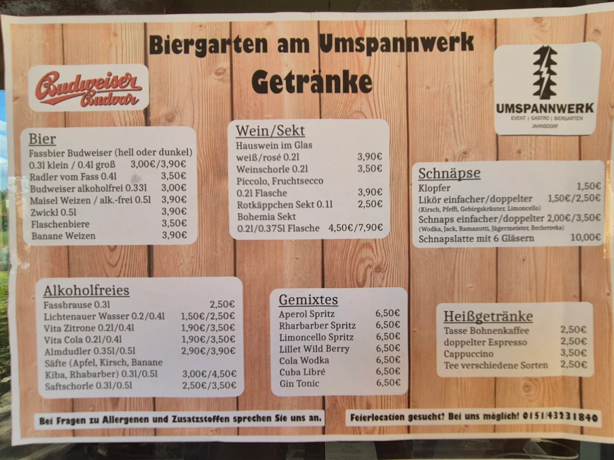 Speisekarte, Biergarten am Umspannwerk