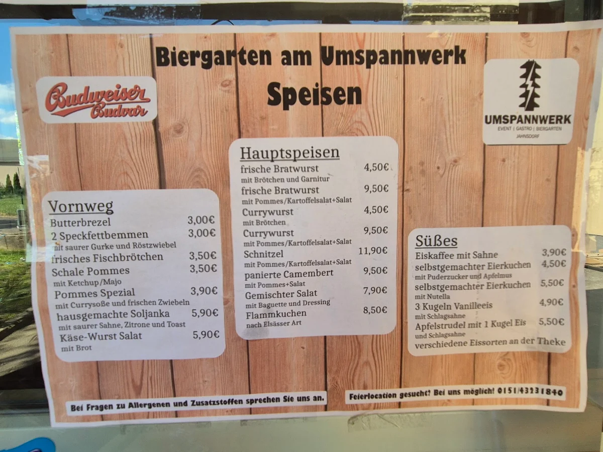 Speisekarte, Biergarten am Umspannwerk